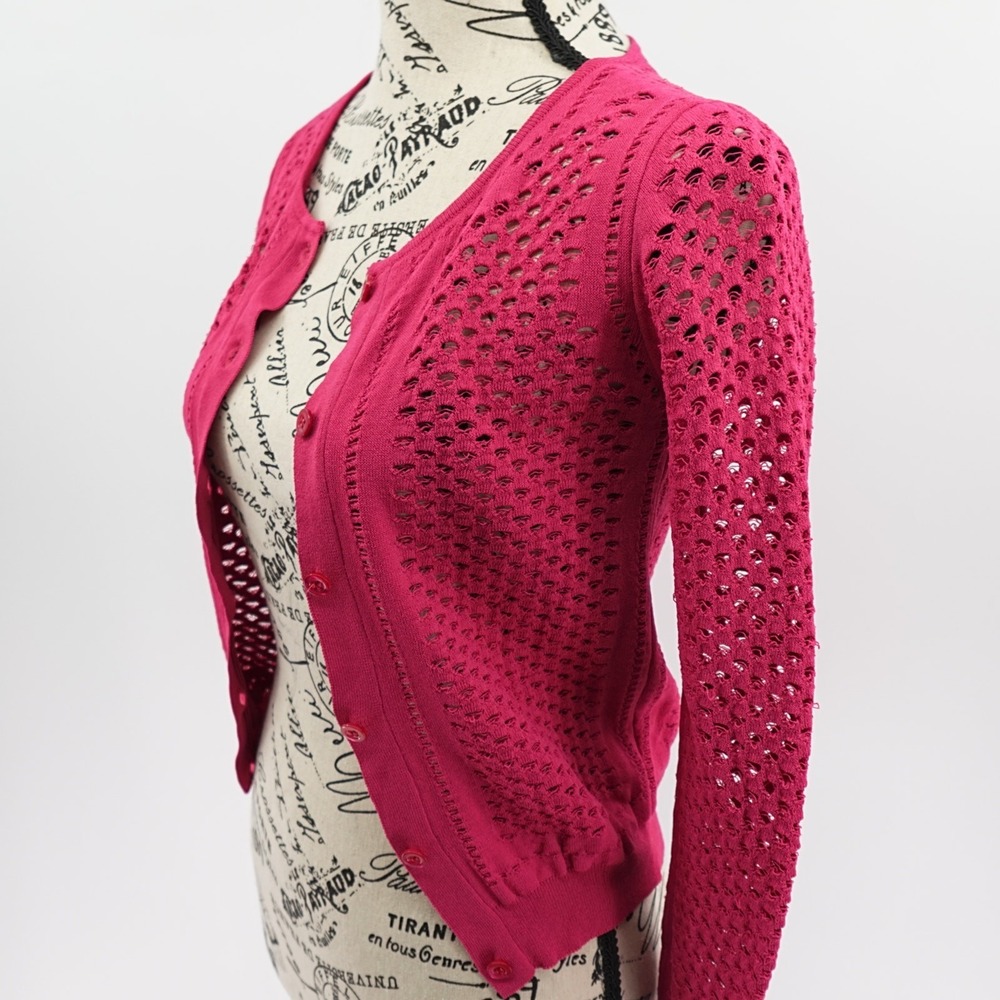 Moschino Cardigan Womens 4 Pink Cropped Fine‎ Knit Open Stitched Statement Italy - Picture 4 of 16